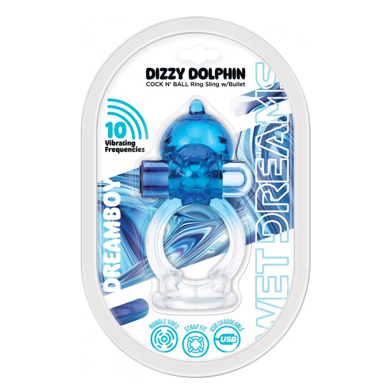 WET DREAMS - DREAM BOY - DIZZY DOLPHIN JELLY COCK & BALL SLING 10 FREQ BULLET GRADIENT COLOR BLUE