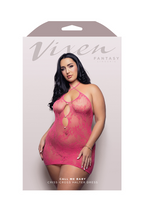 CALL ME BABY Criss-cross halter tie dress with pearl rivet details in lace knit (Hot Pink)