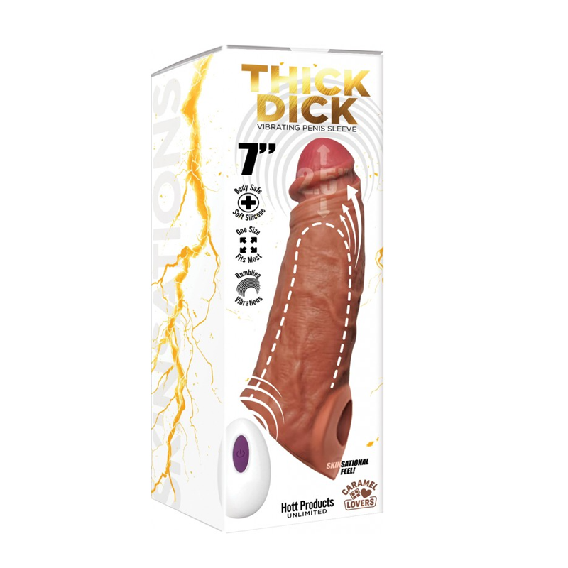 Skinsations Thick Dick Vibrating Sleeve With Remote Control Multi-Function Caramel Lovers