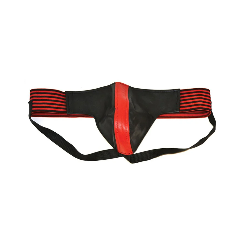 Leather Jock Strap With Stripe Black & Red Large