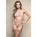Pearl halter bralette, garter belt with detachable pearl accents and crotchless pearl g-string in iridescent lace