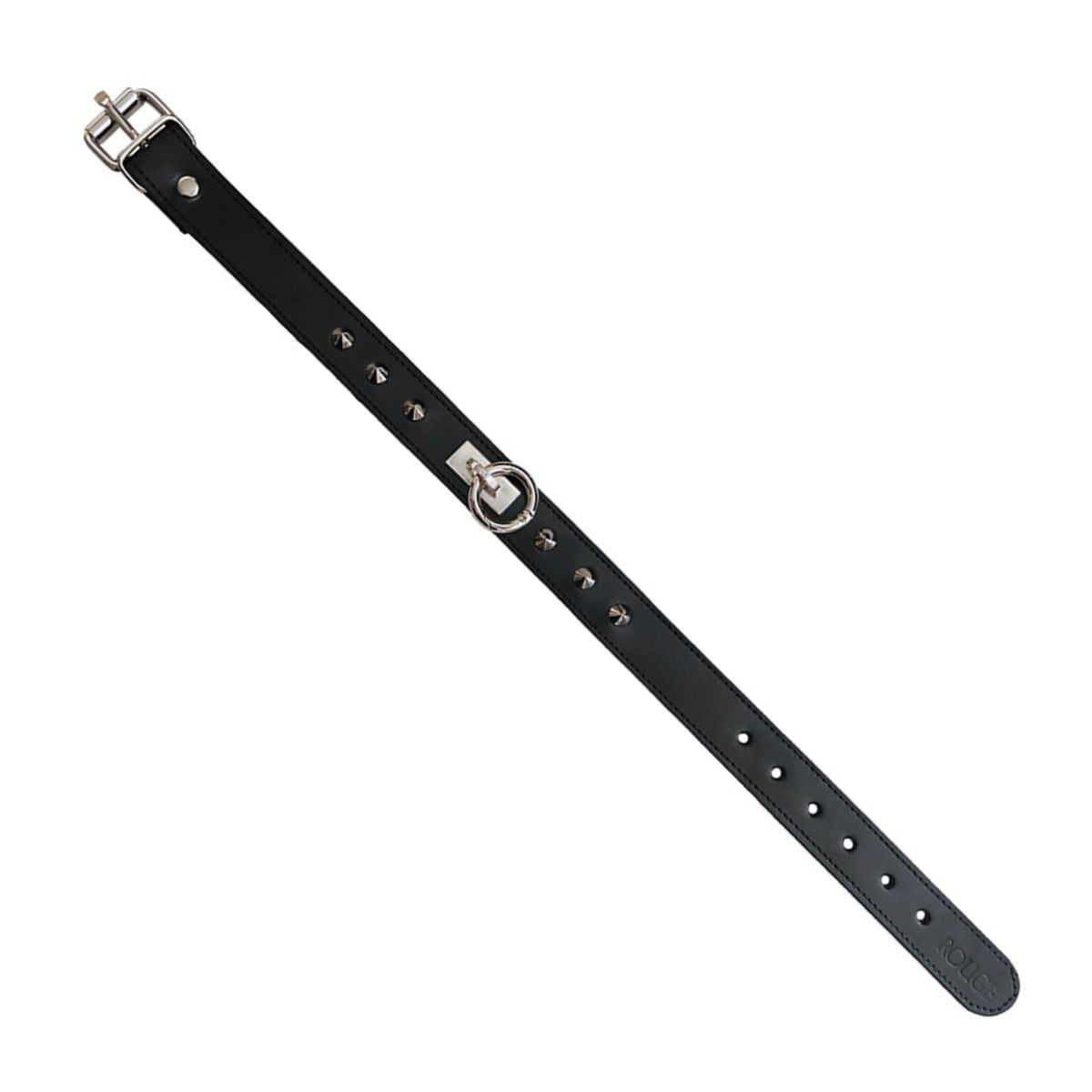 Leather Thin O-Ring Studded Collar with Detachable O-Ring Black
