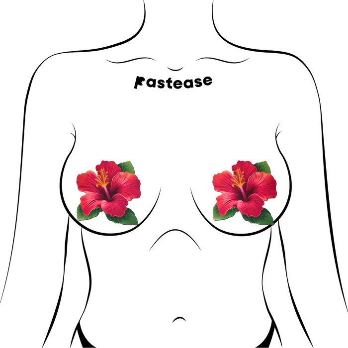 Tropical Vibrant Red Hawaiian Hibiscus Botanical Flower Breast Pasties
