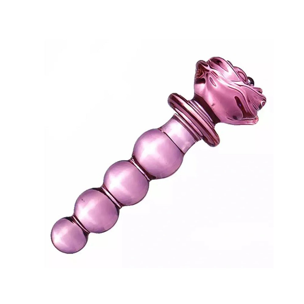 Rose Glass Dildo - Four Beads