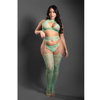 HEART OF GLASS Lace knit halter tie top, g-string panty and gartered stockings (Seaglass Green)