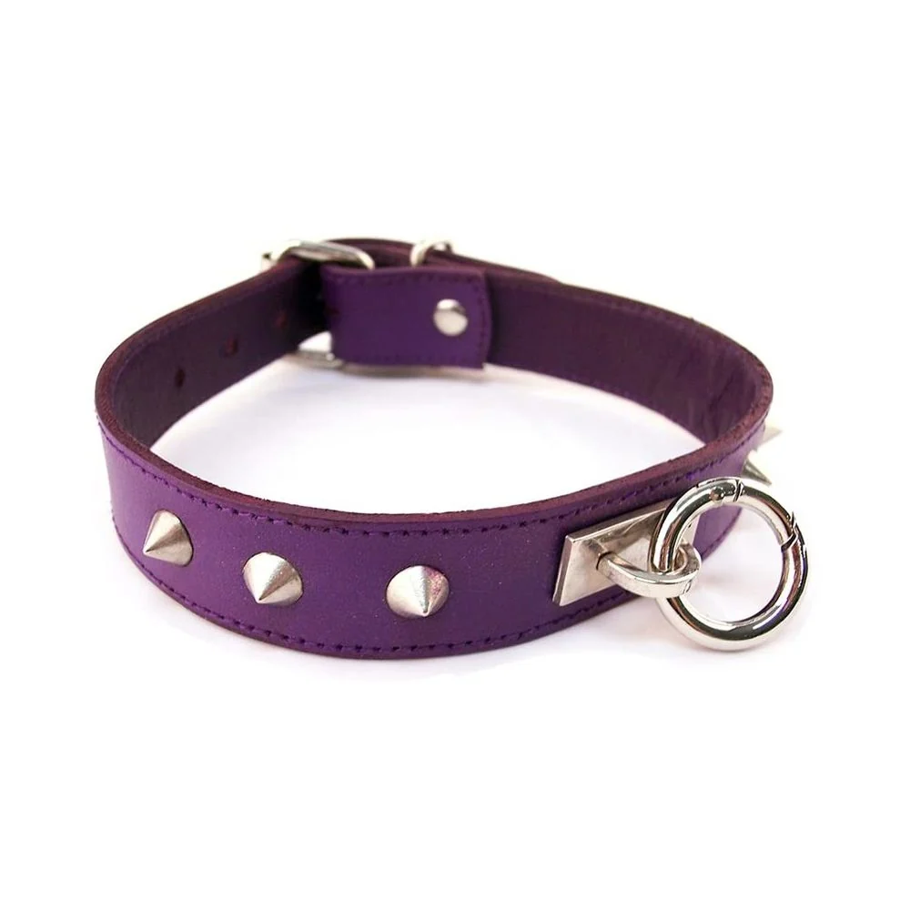 Leather Thin O-Ring Studded Collar with Detachable O-Ring Purple