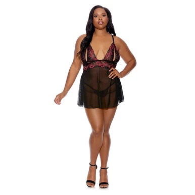 SPLIT CUP BABY DOLL & G-STRING PANTY PLUS SIZE